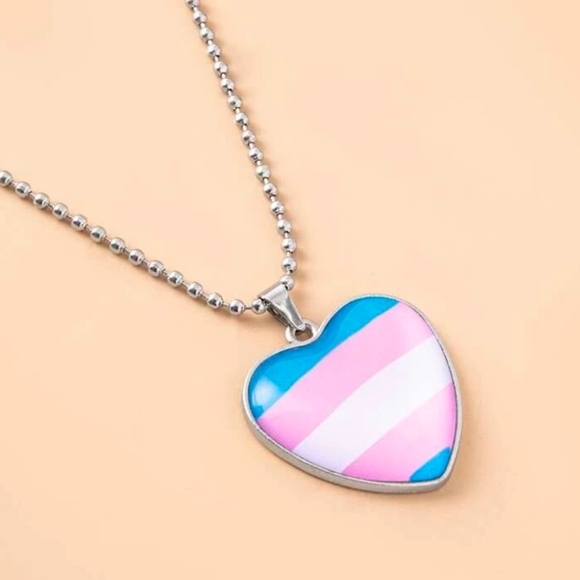Trans Flag Heart Necklace LGBTQ PRIDE Trans Flag Trans Pride Blue White Pink - Picture 3 of 6